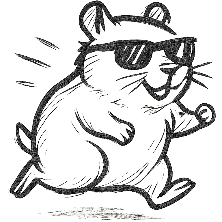 unique, hand-drawn modern semi-realistic hamster with cool glasses, running energetically, solid black background, personally illustrated style emoji