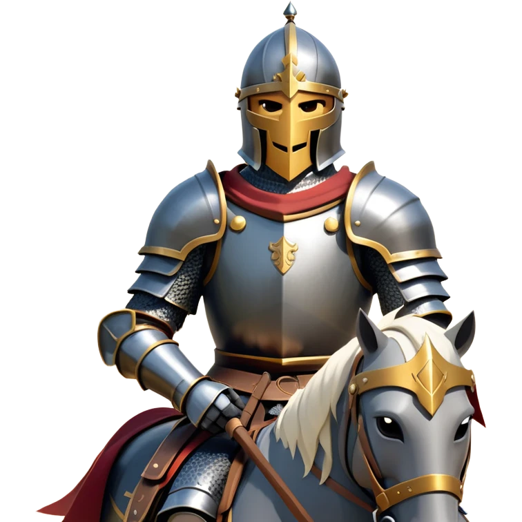 clash-of-clans-aesthetic_-cinematic-fearsome-and-majestic-knight-bust-portrait-emoji, rendered in a flat, vector-style with minimal shading and bold, simplified shapes, depicting a battle-ready medieval knight with steely eyes and intricate armor, mounted riding on a black warhorse reflecting sunlight over a misty battlefield. emoji