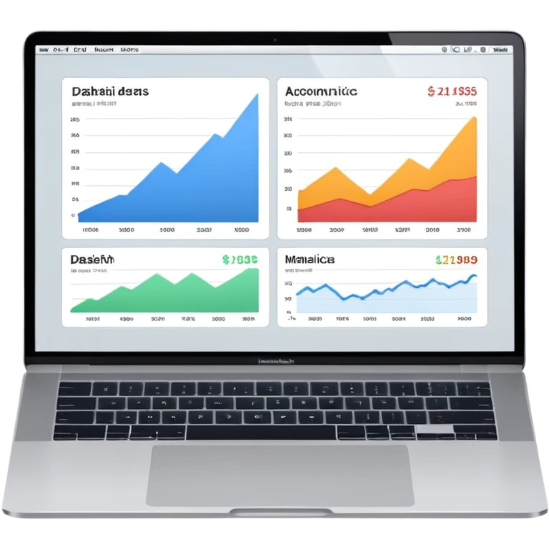 Create a macbook displaying financial analytics dashboards on the screen. emoji