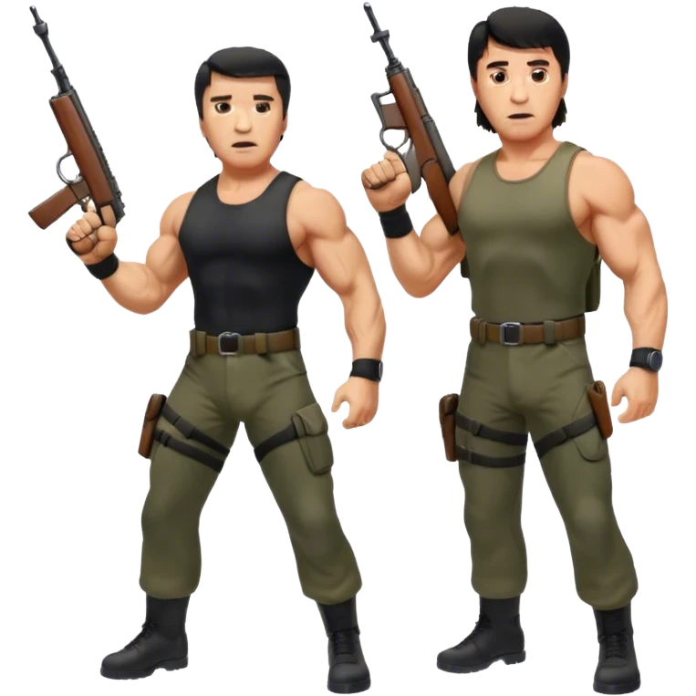 Icon for Action Movies: Arnold Schwarzenegger as John Matrix in Commando and Sylvester Stallone as John Rambo in Rambo, both in iconic action poses with weapons, intense expressions, and explosive backgrounds. Powerful and dynamic with dramatic lighting. Transparent background. emoji