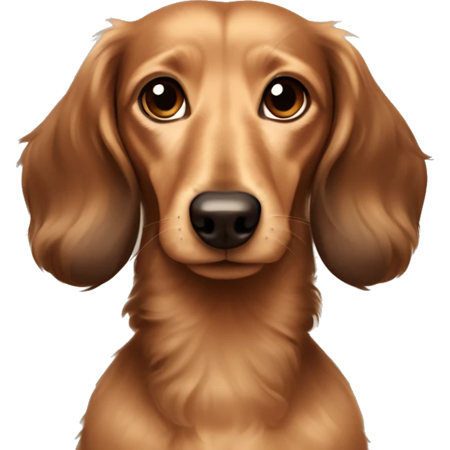 Light sandy brown long haired dachshund with dark brown ears and no fur on the ears more curly hair and very dark brown ears and a collar that says Andy emoji