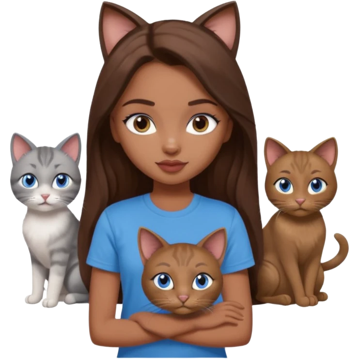 a pretty bratz dusky girl with long brown hair, blue eyes with six cats nd wearing a grey tshirt emoji