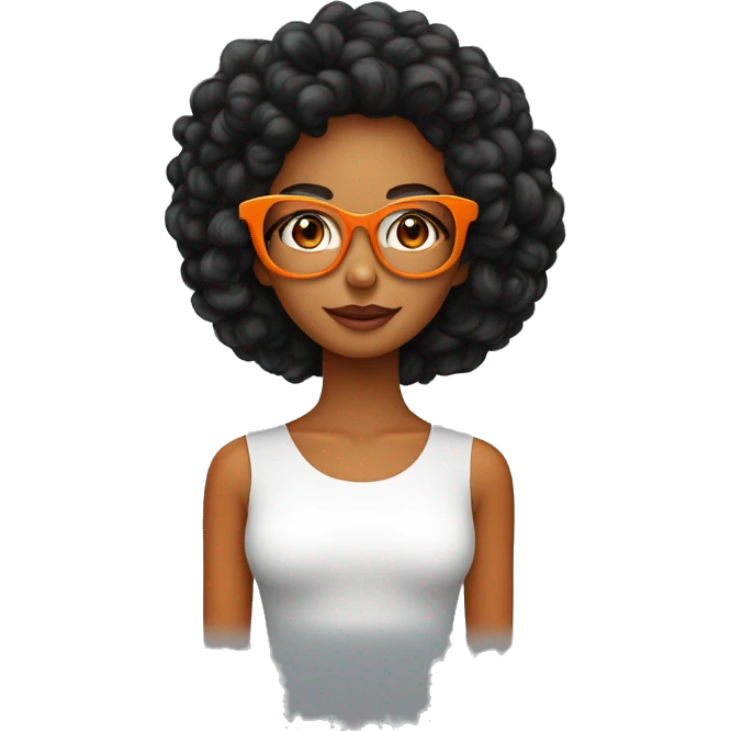Mulher de cabelos  preto encaracolados na altura do ombro usando óculos de pele clara, com roupa laranja  emoji