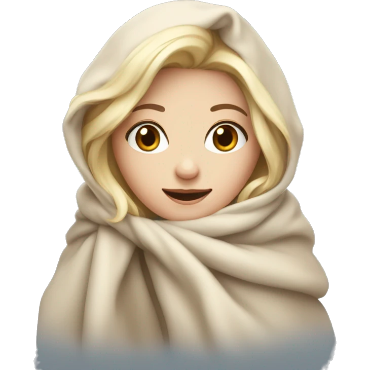 White blonde girl bundled up with beige blanket around her emoji