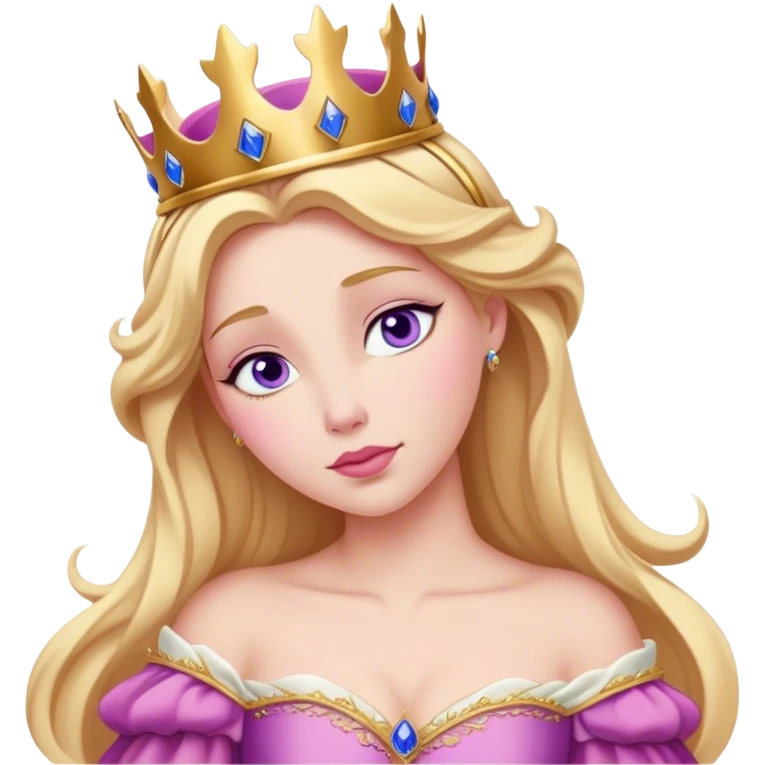 Cinematic Realistic Sleeping Beauty (Aurora) Portrait, with porcelain-like skin featuring a natural rosy flush, illuminated by soft lighting that highlights the gentle contours of her face. Her golden blonde hair flows in soft, detailed waves with subtle highlights that shimmer in the light. Her deep violet-blue eyes radiate warmth and innocence, framed by arched brows and long lashes. Her serene expression exudes quiet elegance. She is dressed in her classic pink gown, the fabric rich in texture with delicate folds that catch the light. A golden crown rests atop her head, gleaming with royal refinement. The portrait captures a soft, glowing aura, blending realism with an ethereal sense of beauty and timeless enchantment. emoji
