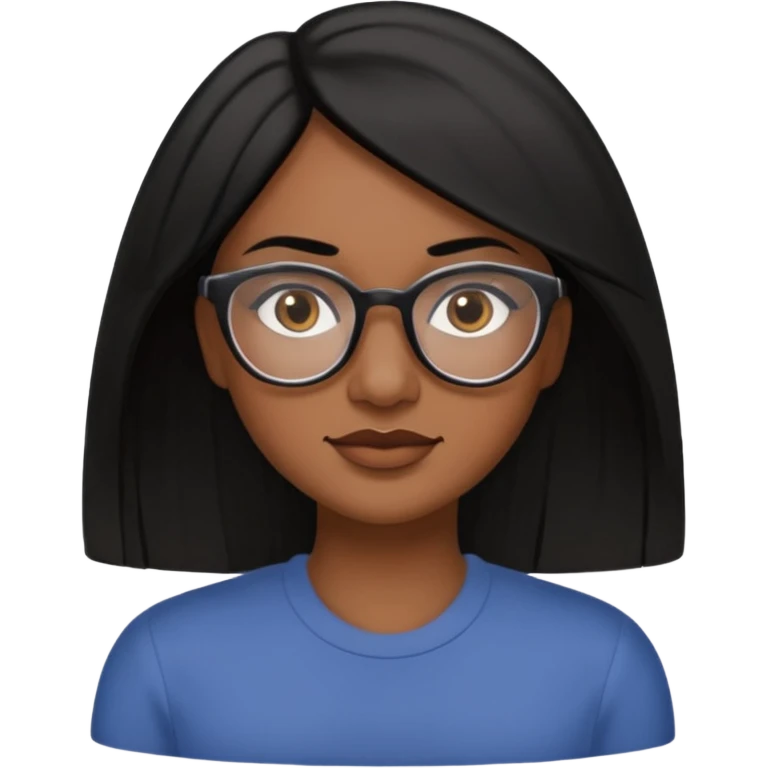 A 35 years old  woman emoji with medium-dark skin, straight shoulder-length black hair parted to the side, an oval-shaped face, arched dark eyebrows, large brown eyes with glasses, a small nose, and natural-toned lips. emoji