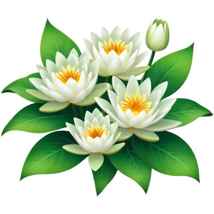 luxuriant, bouquet white Water Lily, stem, Water Lily leaf emoji
