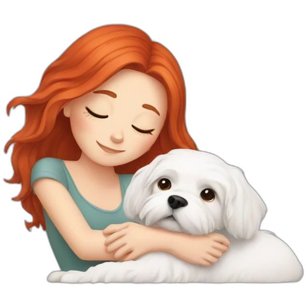 Red-haired girl with sleep Maltese dog emoji