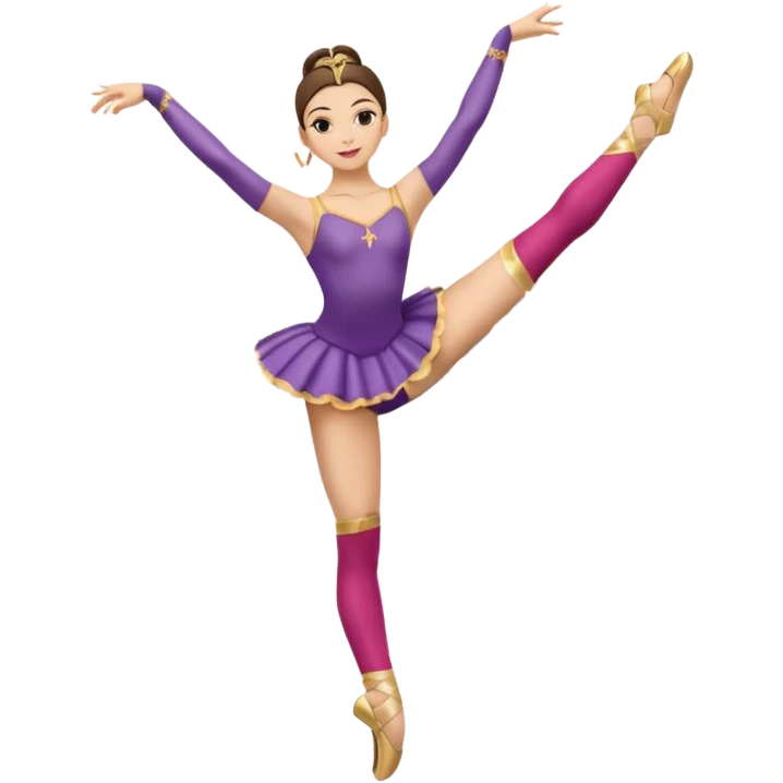 Una chica con vestuario de bailarina con las piernas flexionadas, el dedo índice en la boca, el tren superior inclinado hacia la izquierda y con la cadera proyectada hacia la izquierda emoji