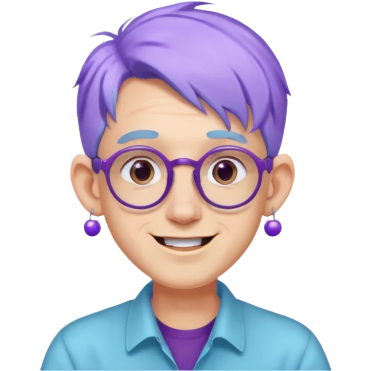 light blue haired man mid length hair with big ears and purple earrings and spectaclesi happy emoji