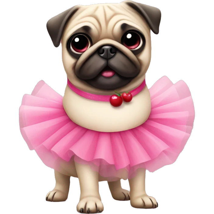 Fun pug wearing pink tutu and cherries emoji