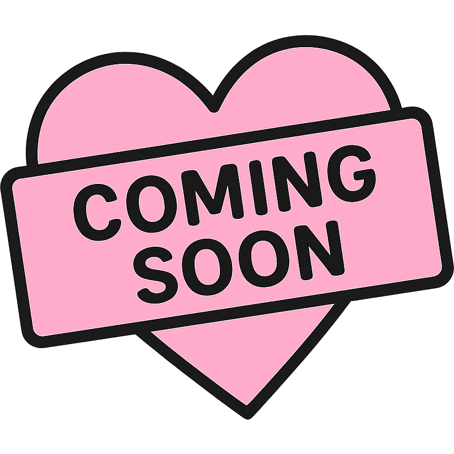 Change the stamp shape to a heart instead of a circle, keep baby pink color, bold and modern style, slightly tilted, clear 'coming soon' text, no background emoji