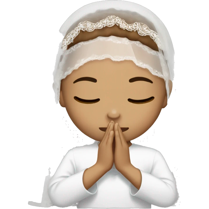 Light skin girl praying with eyes closed and lace white veil with brown boy emoji