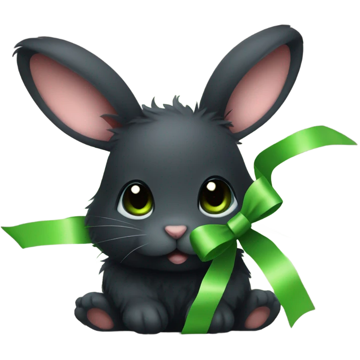 Simple cute fluffy baby black rabbit face with green ribbon emoji