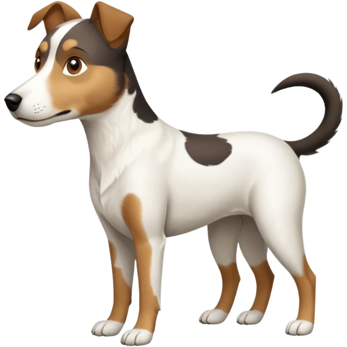 a full body large white parson russell looking dog the size of a kelpie with light brown flopped down ears and a light brown patch on one eye and a large snout emoji
