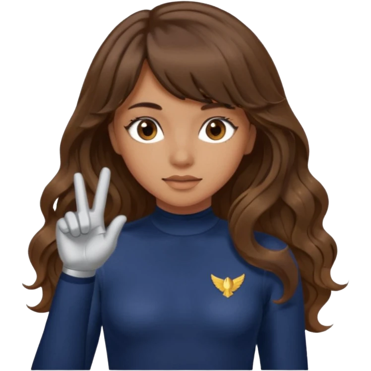 Uzun kahverengi dalgalı saçlı kahverengi gözlü esmer perçemli üzerinde lacivert parmak detaylı body olan bir kız yap saçları kabarık olmasın emoji