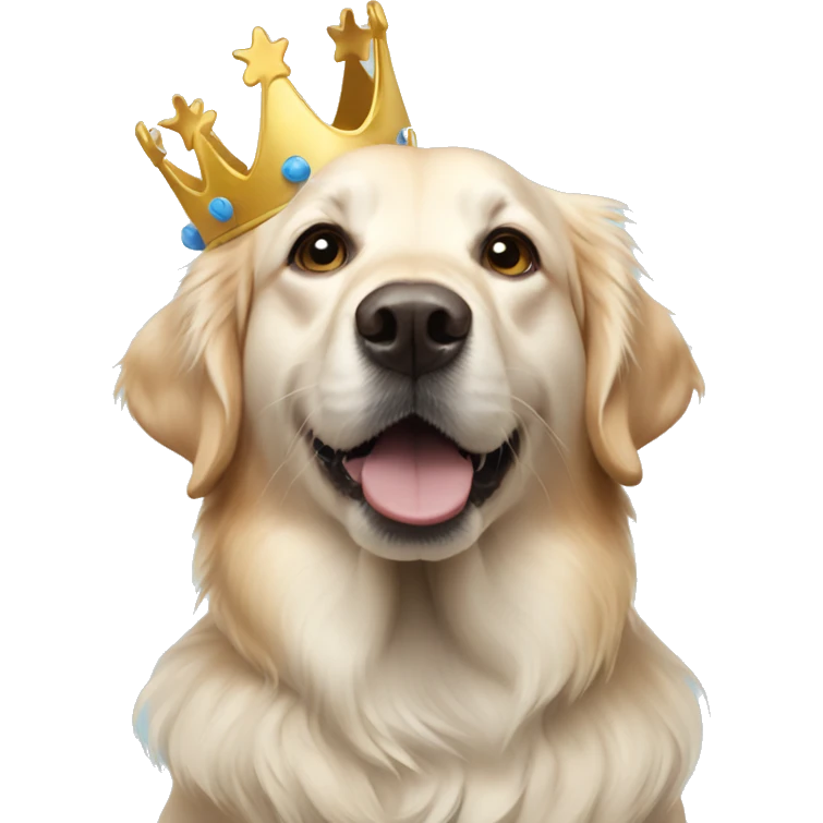 A white, golden retriever with a blue birthday crown emoji