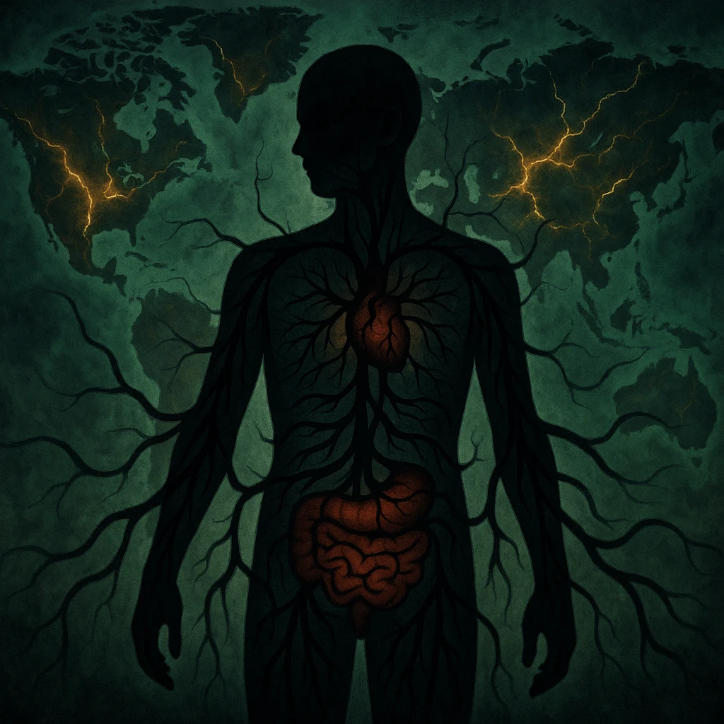 semi-realistic, high contrast; surreal scene, human figure with black tendrils radiating from gut and heart into all organs, world map background, glowing fissures, green mist, symbolic of global parasite impact emoji