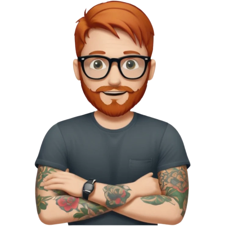 Svelte looking redhead man with sleeve tattoos and a beard and rayban glasses, 38 years old but younger looking emoji