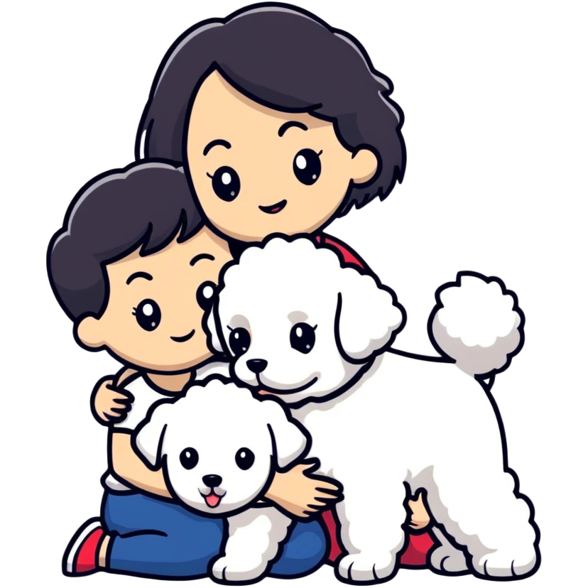 Woman with short black straight hair hugging a brown poodle and a white bichon frise emoji