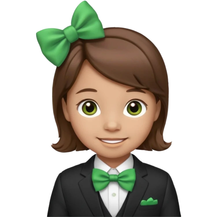 baby, brown hair in suit, with green bow, smile emoji