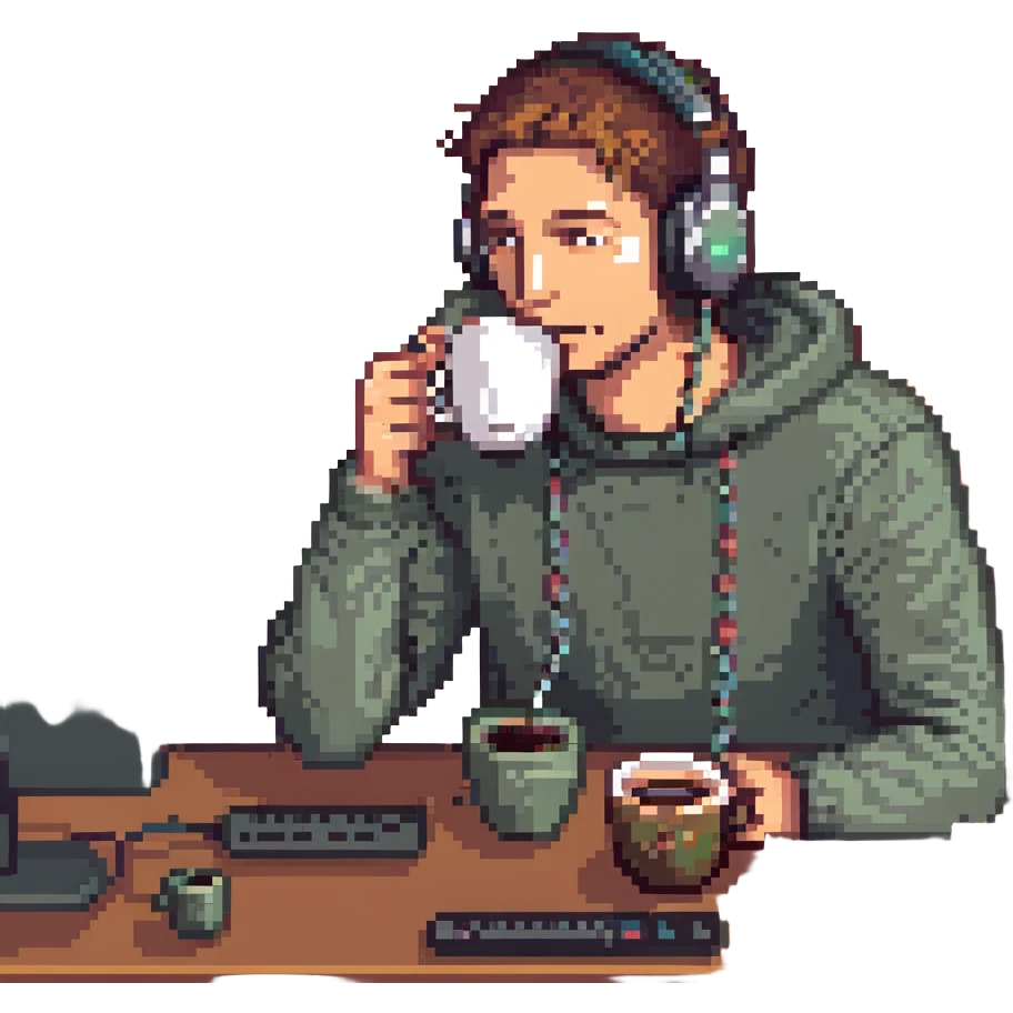 emoji ios 18, guy in headphones at computer, drinking coffee emoji