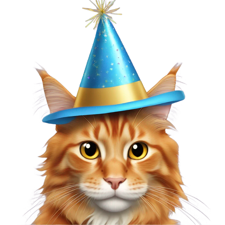 orange maine coon cat wearing a new year’s party hat emoji