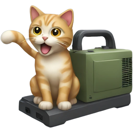 A cat powered by a generator with an army attacking it. emoji
