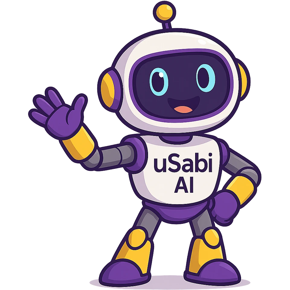robot mascot for 'uSabi AI' with purple and yellow accents, expressive face, welcoming pose, modern techy and fun style emoji