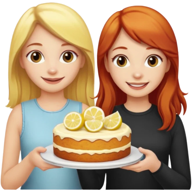 Blonde haired girl with red haired girl with lemon cake emoji