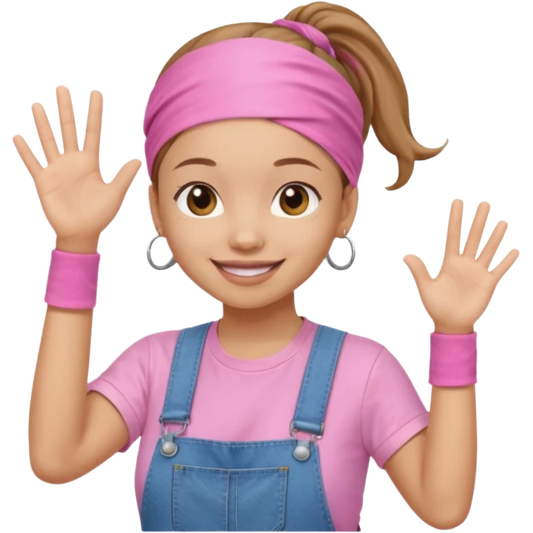 Light skin woman with brown ponytail and light pink head bandana. pink t-shirt with denim overalls. Expression is friendly with big smile and waving hello emoji