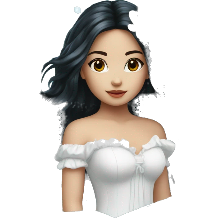Pretty young Lady doll posing posed pose with long black hair flowers in hair white dress surrounded by flowing water emoji