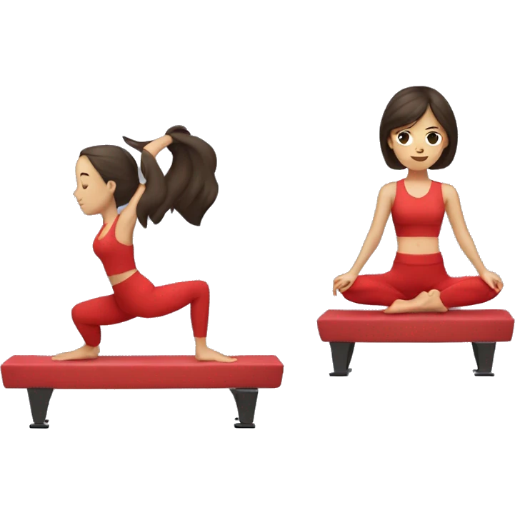 girl with dark brown hair wearing a red yoga set doing pilates on a reformer emoji