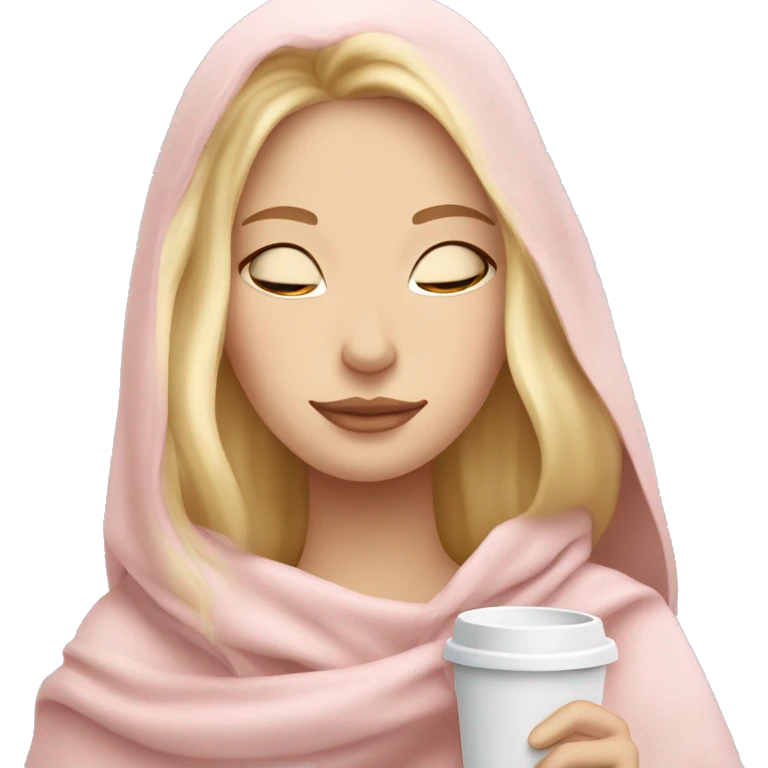 Blonde girl inside a light pink blancket sipping coffee eyes closed white skin blue eyes  emoji