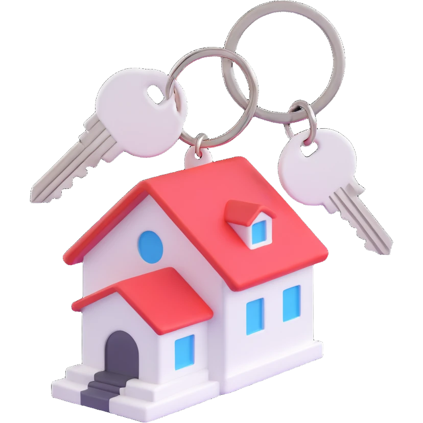 close-up side view of three white keys on a ring with a white house-shaped keychain, 3D Emoji style, soft shadows and highlights, no decoration, transparent background emoji