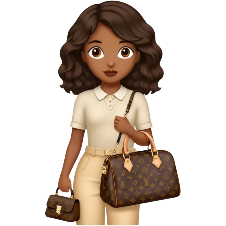  Brown girl with dark brown medium beach wavy hair carrying one Louis Vuitton purse on her arm while standing  emoji