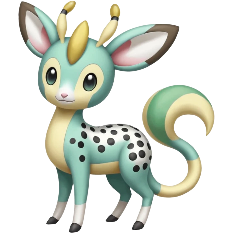 Blushing Spotted Dotted randomly Splash-marked Meloetta- Leavanny-Gallade-Ampharos-Inteleon-Nidoqueen-Fakémon-Pokémon-hybrid-fusion-creature, full body emoji