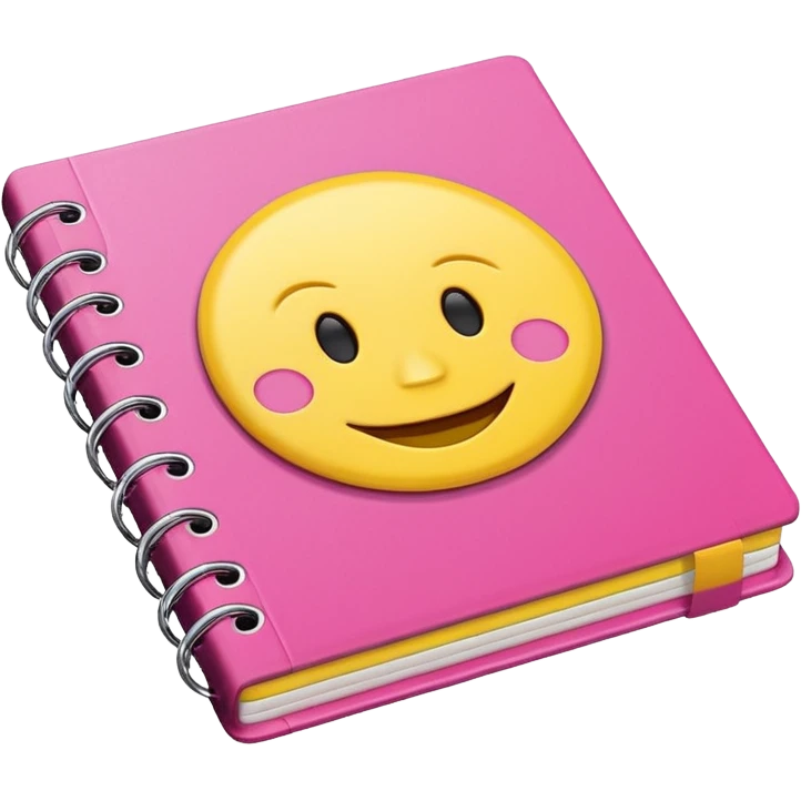 libreta de anillos rosada en perspectiva isometrica con sticker de carita feliz amarilla, con aspecto de emoji de apple emoji
