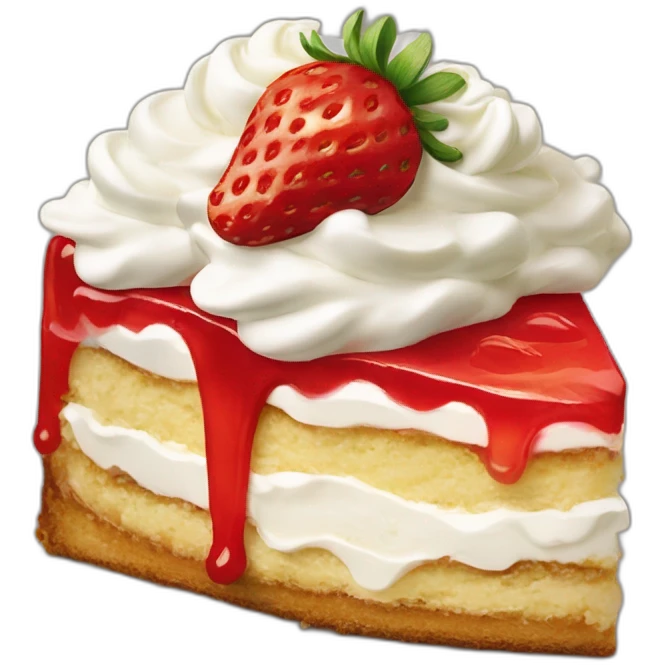 Slice of strawberry shortcake, layered with whipped cream and topped with a whole strawberry emoji