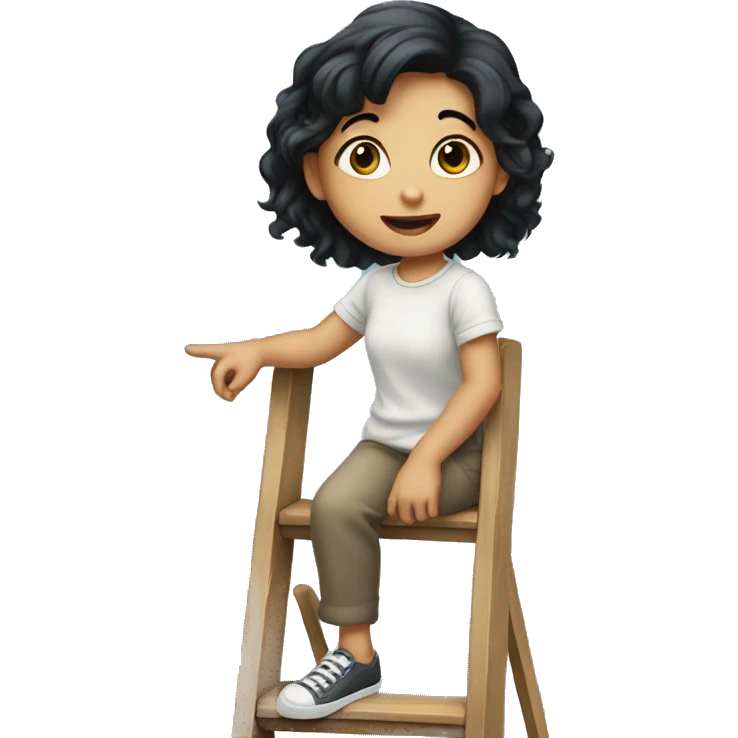 Small girl with black hair on ladder holding up finger emoji