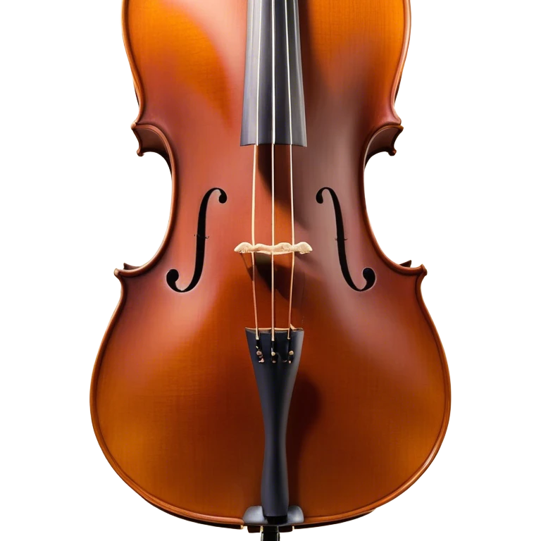 Create an elegant and refined emoji representing a Cremona 4/3F 4/4 cello with bow. The design should feature the distinctive, finely crafted body of the cello, highlighting its rich wooden finish and gracefully curved shape. The bow should be included, with visible horsehair and a polished wooden stick. Add subtle details like tuning pegs and strings to emphasize the precision and craftsmanship of the instrument. Use warm wood tones, deep brown, and soft metallic accents to reflect the high quality of the Cremona cello. The background should be transparent. emoji