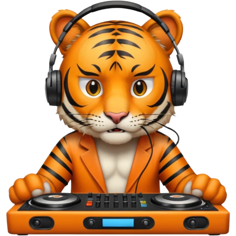 Un tigre enfadado con una mesa de dj . Lo quiero más profesional con unos audífonos y cara de astuto  emoji