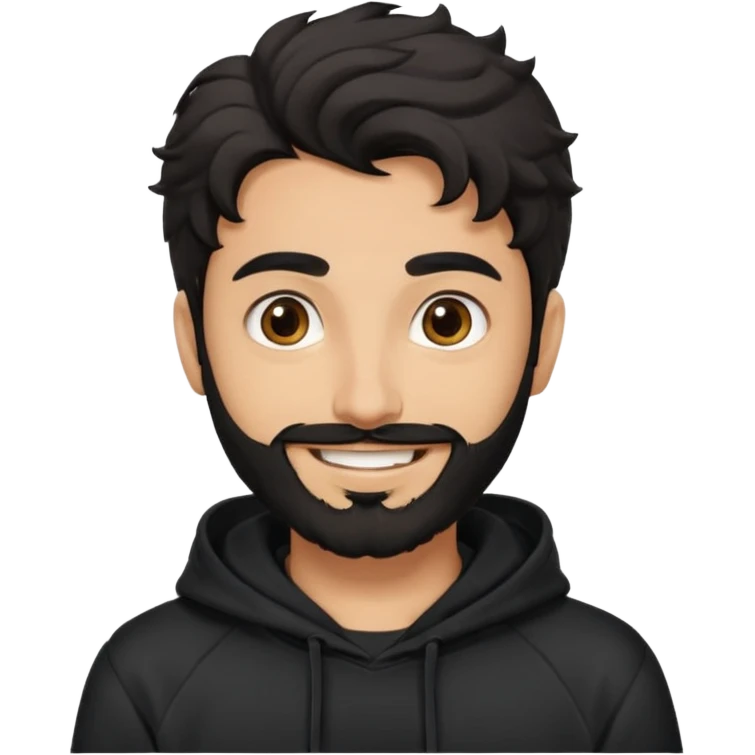 young fair skin pakistani guy smiling with black beard, wavy hair pushed back and brown eyes and big eyebrows, thin eyes , wearing black hoodie emoji