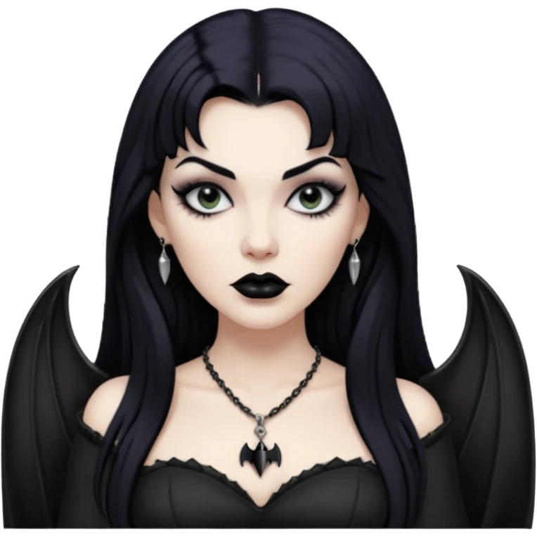 vampira mulher branca com cabelo preto longo com franja acima da sobrancelha e lábios com batom preto com colar preto e pingente de morcego preto emoji