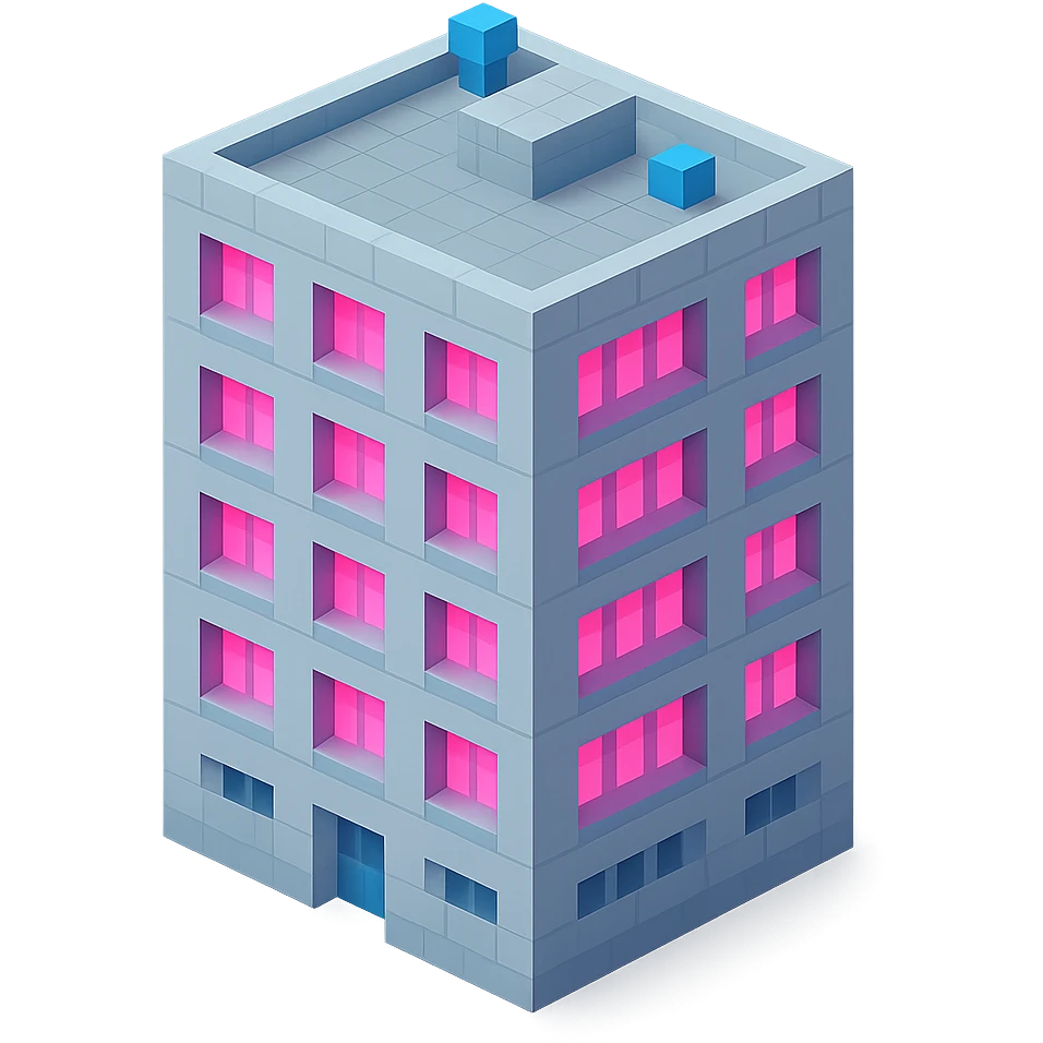 Russian panel apartment building, modern square block, light gray, windows with bright pink glow, isometric view emoji