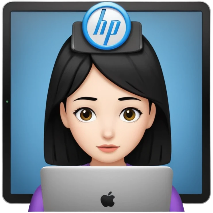 A girl is in front of an HP computer, holding it to her head, and her hair is black. emoji