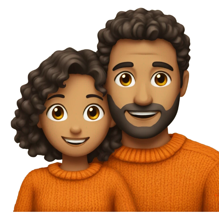 Man with dark hair in orange sweater hug girl with dark brown curly hair emoji