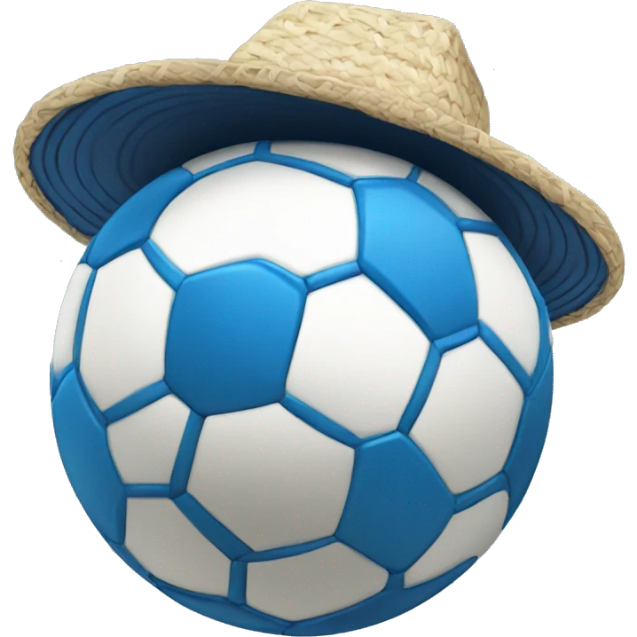 blue soccer ball with cool design with a small straw hat on top emoji