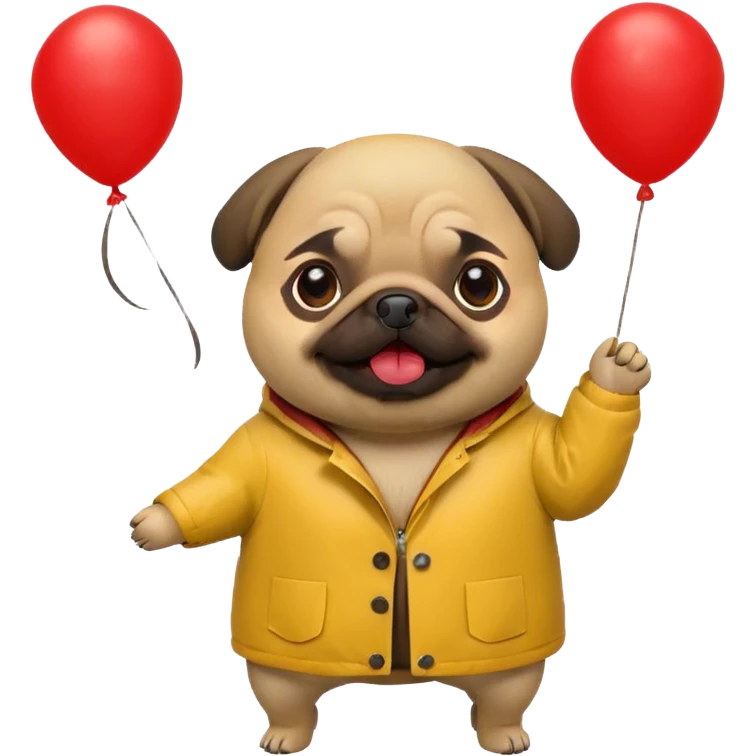 a pug in a yellow raincoat and a red balloon behind him emoji