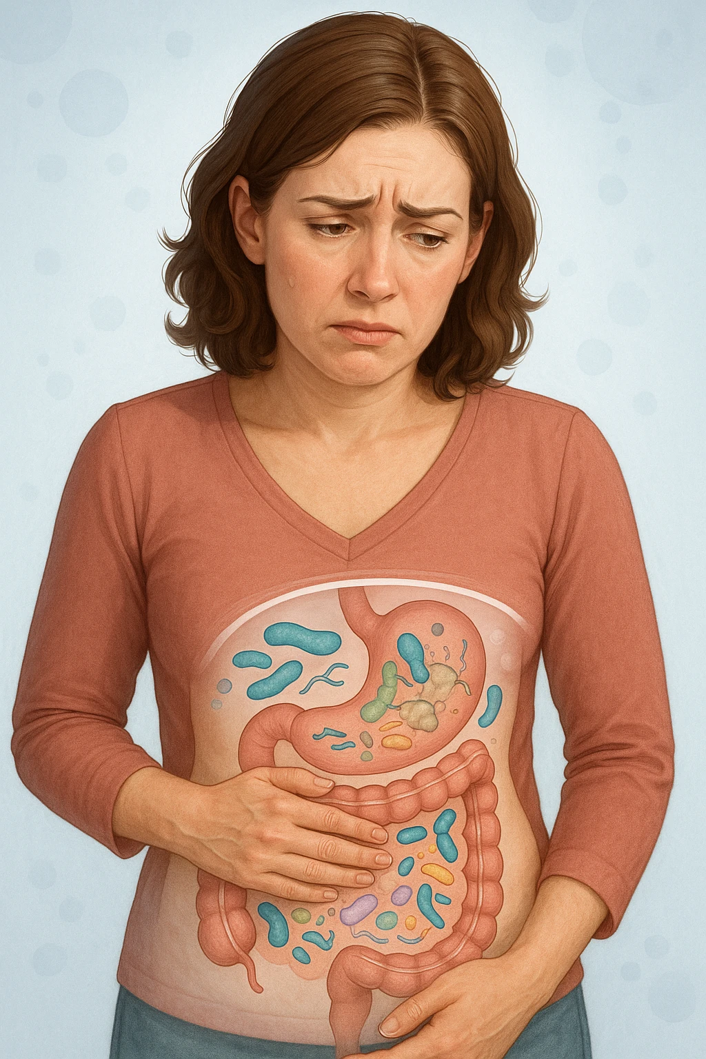 Donna con disequilibrio della flora microbica intestinale 4k emoji